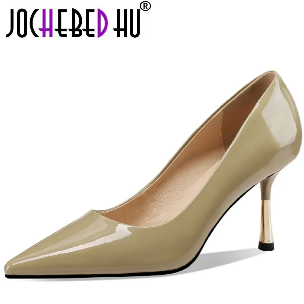 

【JOCHEBED HU】Женские повседневные туфли на высоком каблуке из мягкой кожи ручной работы на тонком каблуке, удобная в носке сезон, повседневная обувь нейтрального цвета 33-43