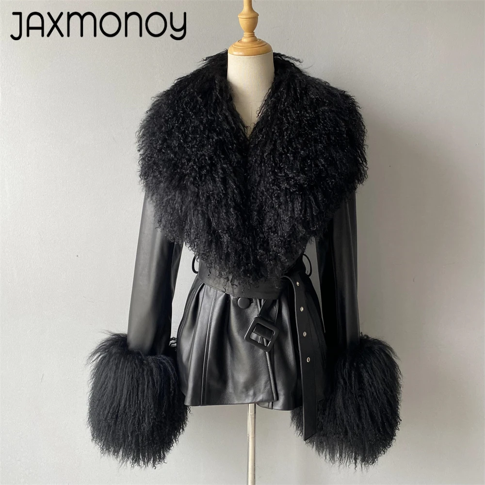 Jaxmonoy Women\'s Genuine Leather Jacket with Real Mongolian Fur Ladies Fashion Sheepskin Coats Spring Fall Real leather Coat New