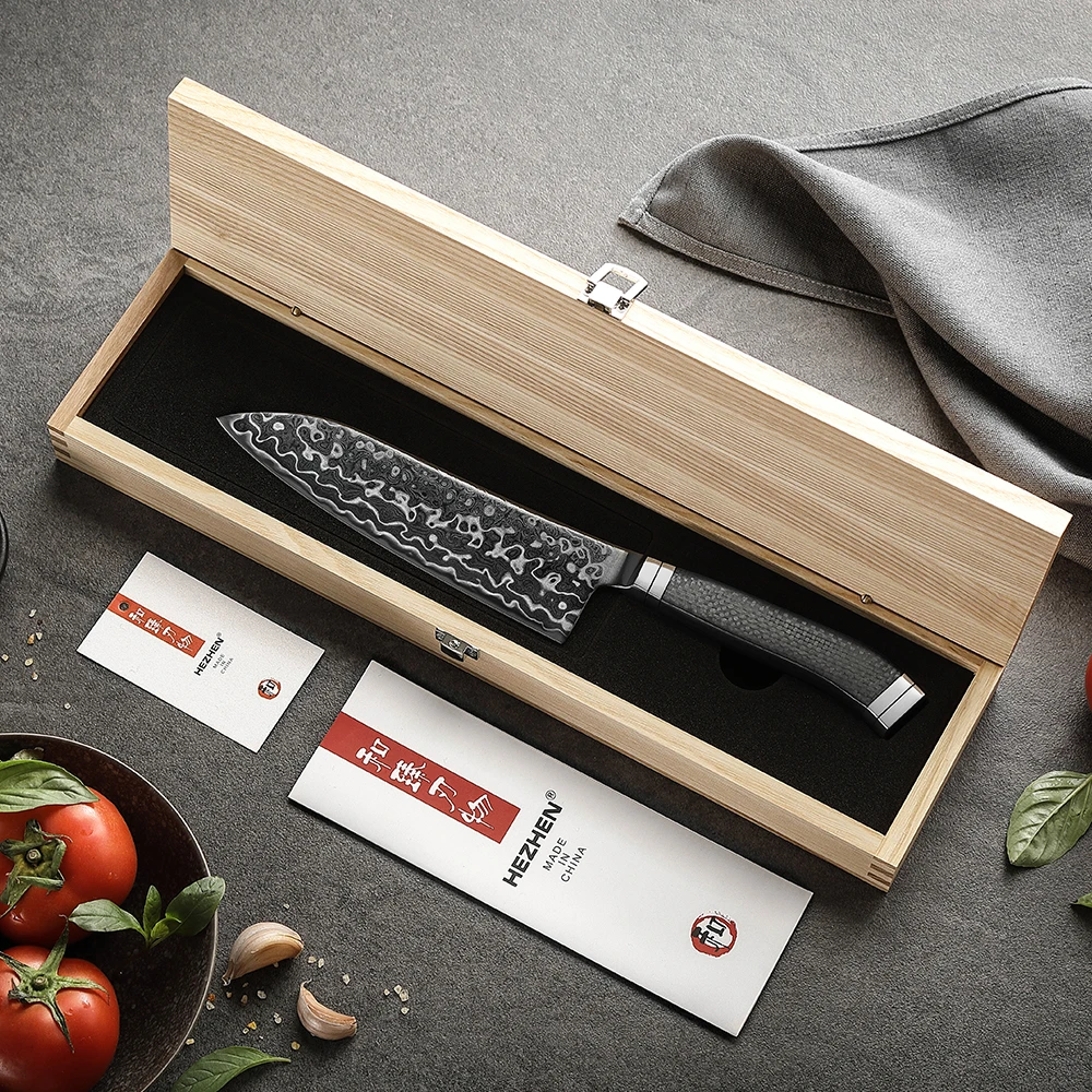 HEZHEN 7.2-inch Santoku Knife M390 Steel Core 60±2 HRC 145-Layer Damascus Steel DLC Blade Carbon Fiber Handle