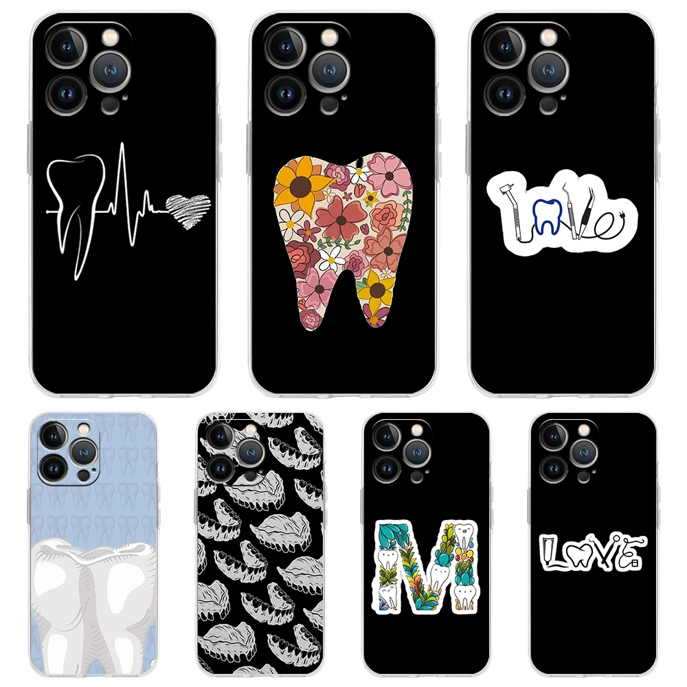 Dentist Dental Dent Tooth Cute Teeth Luxury Phone Case For iPhone 16 15 14 13 12 11 Pro Max XS X XR SE 7 8 Plus soft Clear Cover