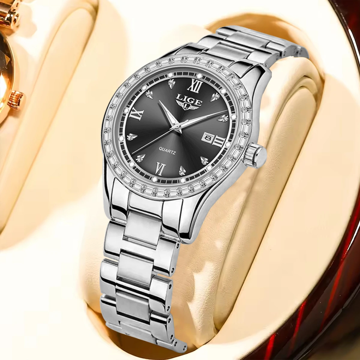 

LIGE Classic Women Watches Luxury Stainless Steel Waterproof Quartz Wristwatch Diamond Dial Luminous Calendar Ladies Watch+Box