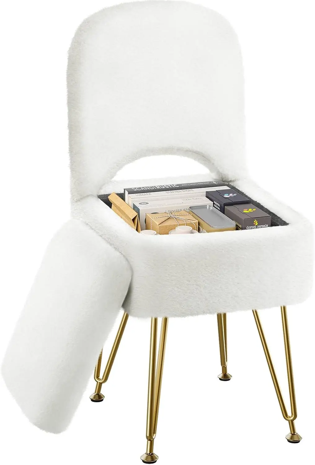 

Small Vanity Stool with Storage, Folding Backrest, Faux Fur Ottoman for Makeup and Bedroom in White