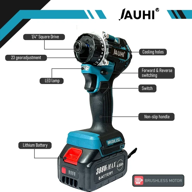 JAUHI 280NM 20+1 Torque Brushless Electric Screwdriver Cordless Drill Rechargeable Mini Power Driver Tools For Makita Battery