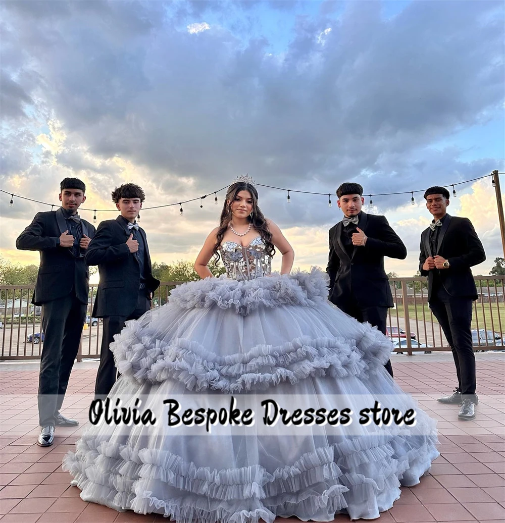 Unique Silvery Mirror Piece Quinceanera Dress Strapless Wedding Birthday Ball Gown Tiered Tulle Ruched Train vestidos de 15 años