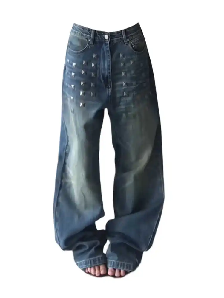 Damskie niebieskie jeansy baggy Y2k Harajuku Vintage Wash Denim Spodnie Japoński styl lat 2000. Oversize Boyfriend Jeansy Jesień 2025