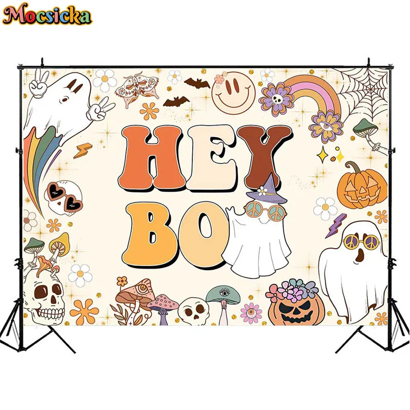 Halloween Photography Backdrop Pink Hey Boo Kids Birthday Party Bash Banner Cute Ghost Pumpkin Decoration Baby Shower Background