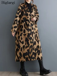 Leopard Print Autumn V-Neck Trench Coat Women Long Sleeve Modis Ladies Oversized Jackets Casual Loose Pleated Woman Trench Coats