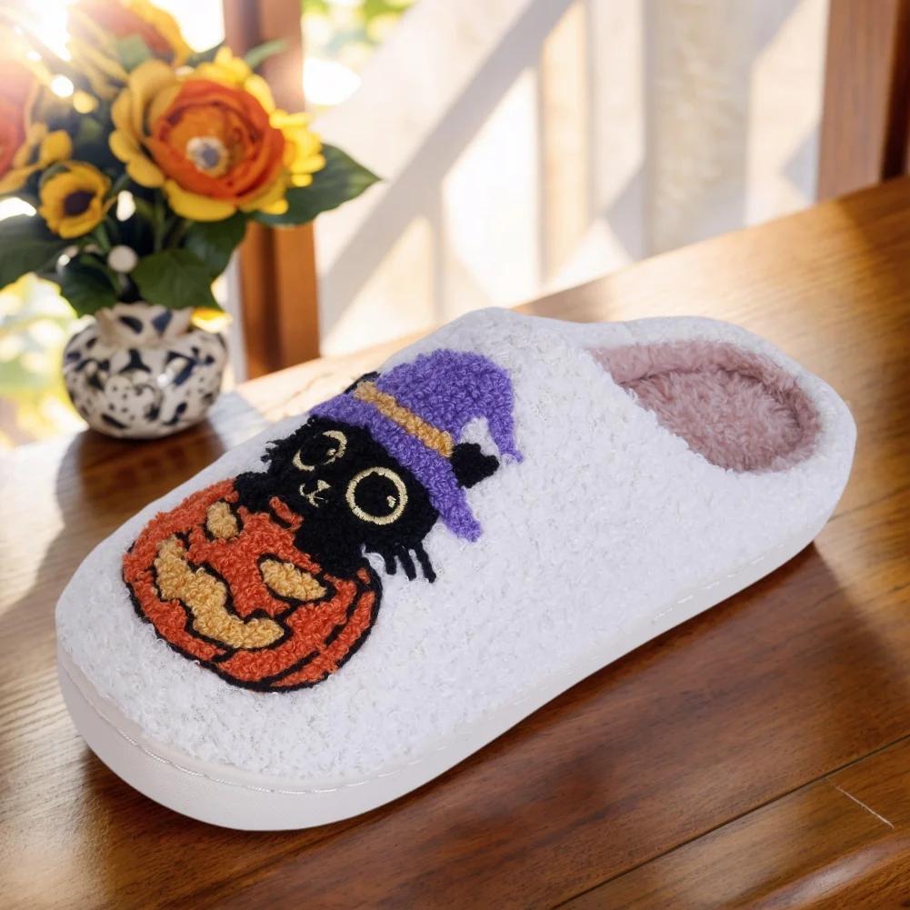 Теплая домашняя обувь без шнуровки с черным котом и тыквой, удобные термотапочки для пар, нескользящие мягкие меховые тапочки для домашней спальни