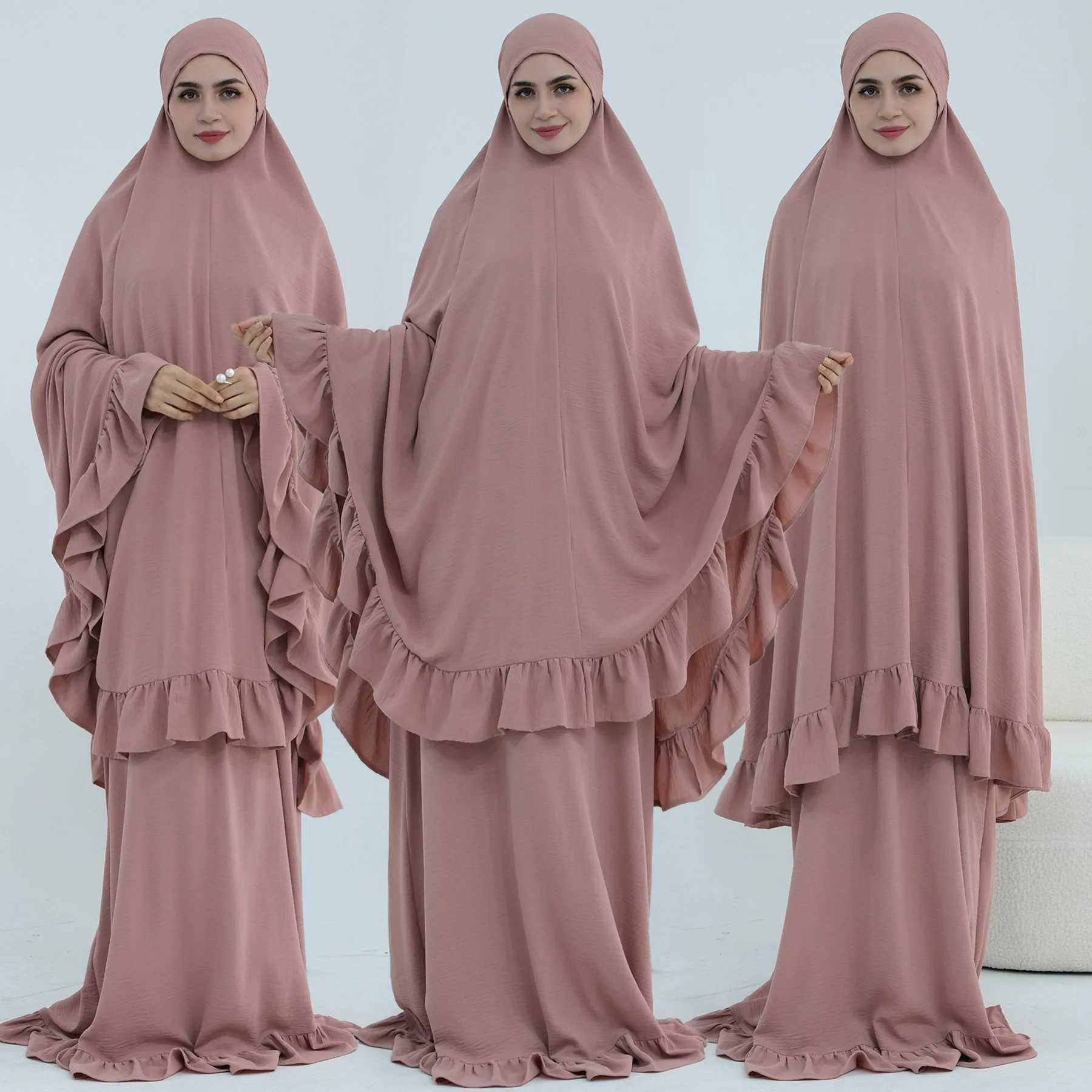 

Sweet Ruffles Khimar Abaya Set, Side Pockets Pull-on Abaya Dress + Extra-long Khimar with Ties, Ramadan Eid Muslim Women Outfits
