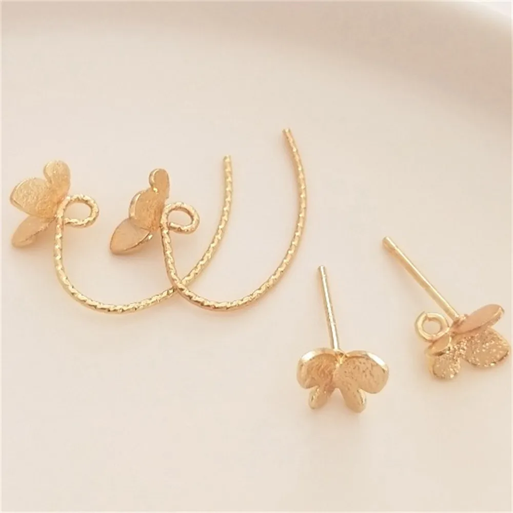 

925 Silver Needle 14K Gold Wrapped Sand Sparkling Butterfly Earrings Flower Ear Hooks Hanging Handmade DIY Ear Jewelry Materials