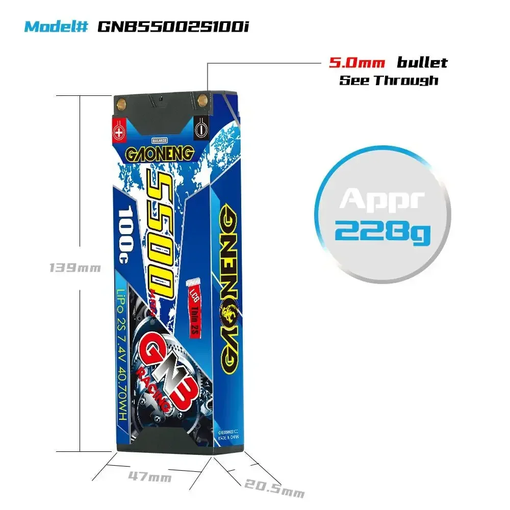 GAONENG GNB 2S1P 5500mAh 7.4V 100C Low Profile Hardcase LCG Thin 2S Lipo Battery 5.0mm XT60 Plug For 1:10 1/10 RC Race Car Boat