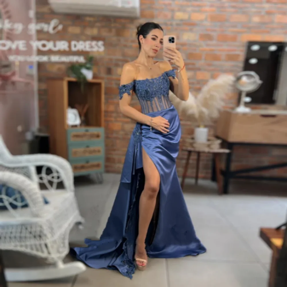 

2024 New Graduation Dresses Stylish Off the Shoulder Prom Evening Dress Mermaid Slit Sweep Train Robe De Mariée فساتين سهرة ﻿