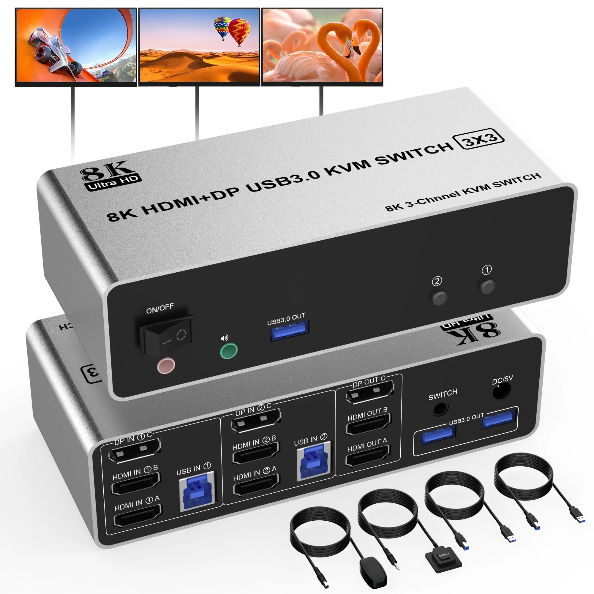 8K Displayport+2 HDMI KVM Switch 3 Monitors 2 Computers USB 3.0-8K@60Hz Triple Monitor KVM Switch for 2 Computers,with Audio Mic