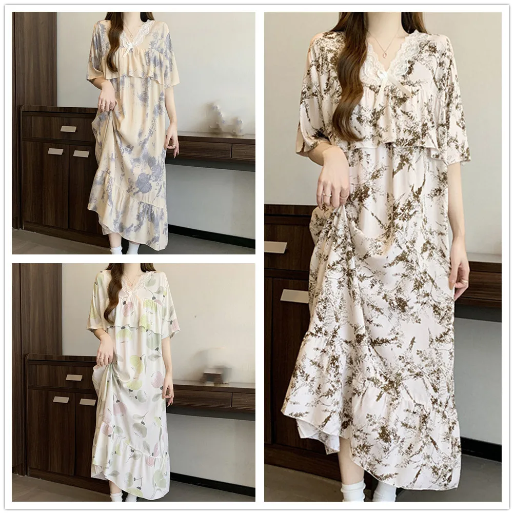 

Womens V-Neck Nightgowns Viscose Nightwear Casual Loose Nightdress Female Night Shirts Women Sleepwear Girl Sleepshirt