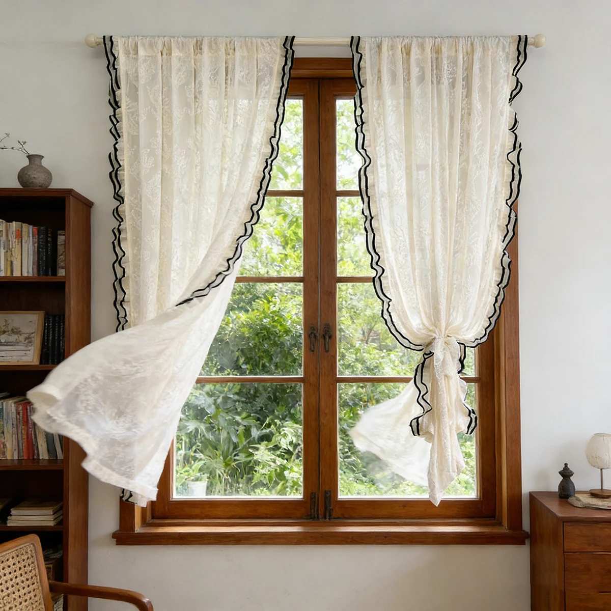 Cream Style Velvet Pole Twig Pattern with Black Ruffled Lace Trim Unique Design Opaque Tulle Curtains For Bedroom Living Room