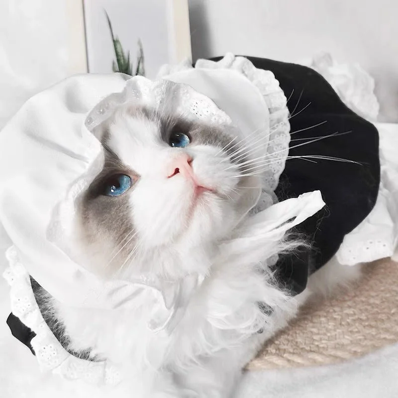 Treasure Meow House Pastoral Maid Dress Spring/Summer Thin Cute Cat Clothes Cat Dog Black and White Pet Princess Dress