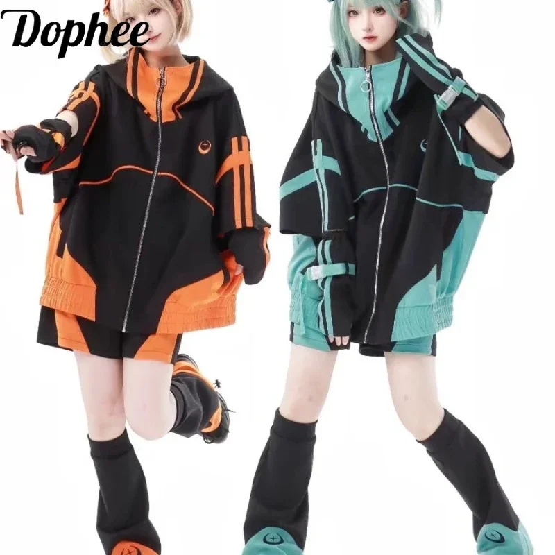 

Dophee Subculture Spice Girls Y2k Спортивные костюмы Свободные кардиганы с короткими рукавами и цветными блоками Пальто + свободные шорты с эластичной резинкой на талии