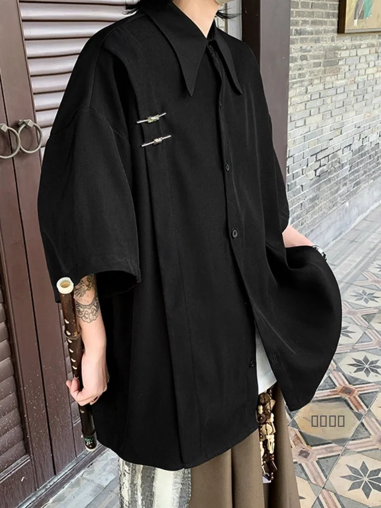 

Мужская рубашка с коротким рукавом из ледяного шелка, тонкая, летняя, модная, в городском стиле, с цветочной вышивкой, в китайском стиле, на пуговицах, повседневная