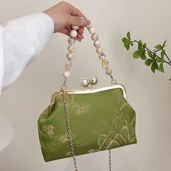 New Vintage Women Classic Green Messenger Bags perline di seta Wedding Clutch Lock Shell Clip Chain Crossbody Bag borse e portamonete