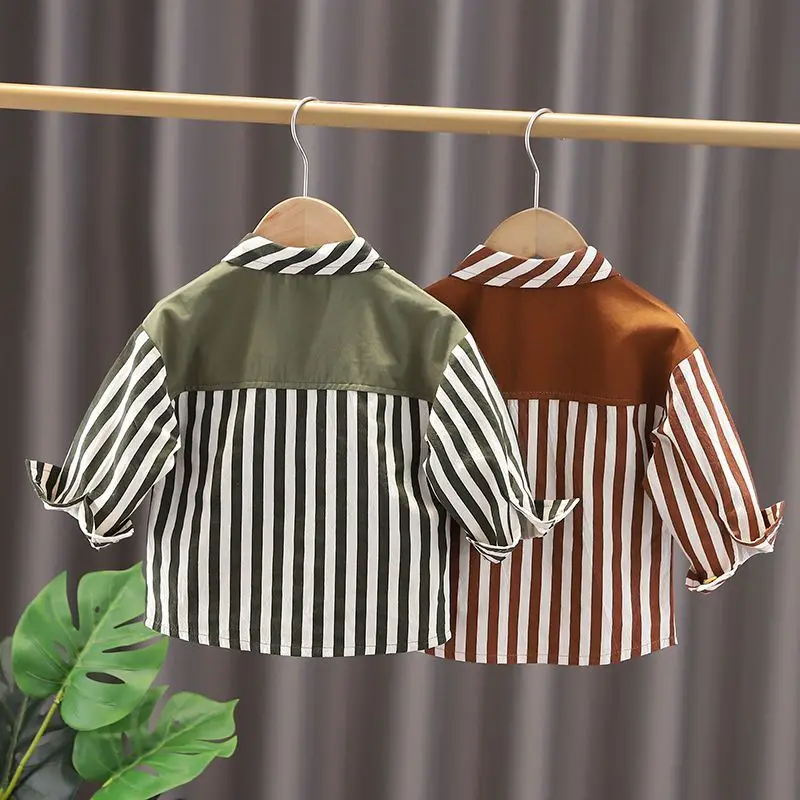 2023 Spring New Boys Clothing Long Sleeve Lapel Striped Cartoon Pattern Printed Children Korean Version Trend Fashion Top Shirt