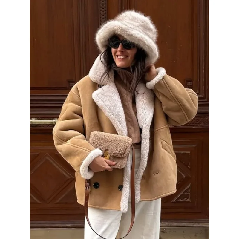 

Модная женская куртка из овечьей шерсти и замши в стиле пэчворк, с отложным воротником, длинными рукавами, на одной пуговице, свободного кроя, короткая, зимняя, для повседневной носки