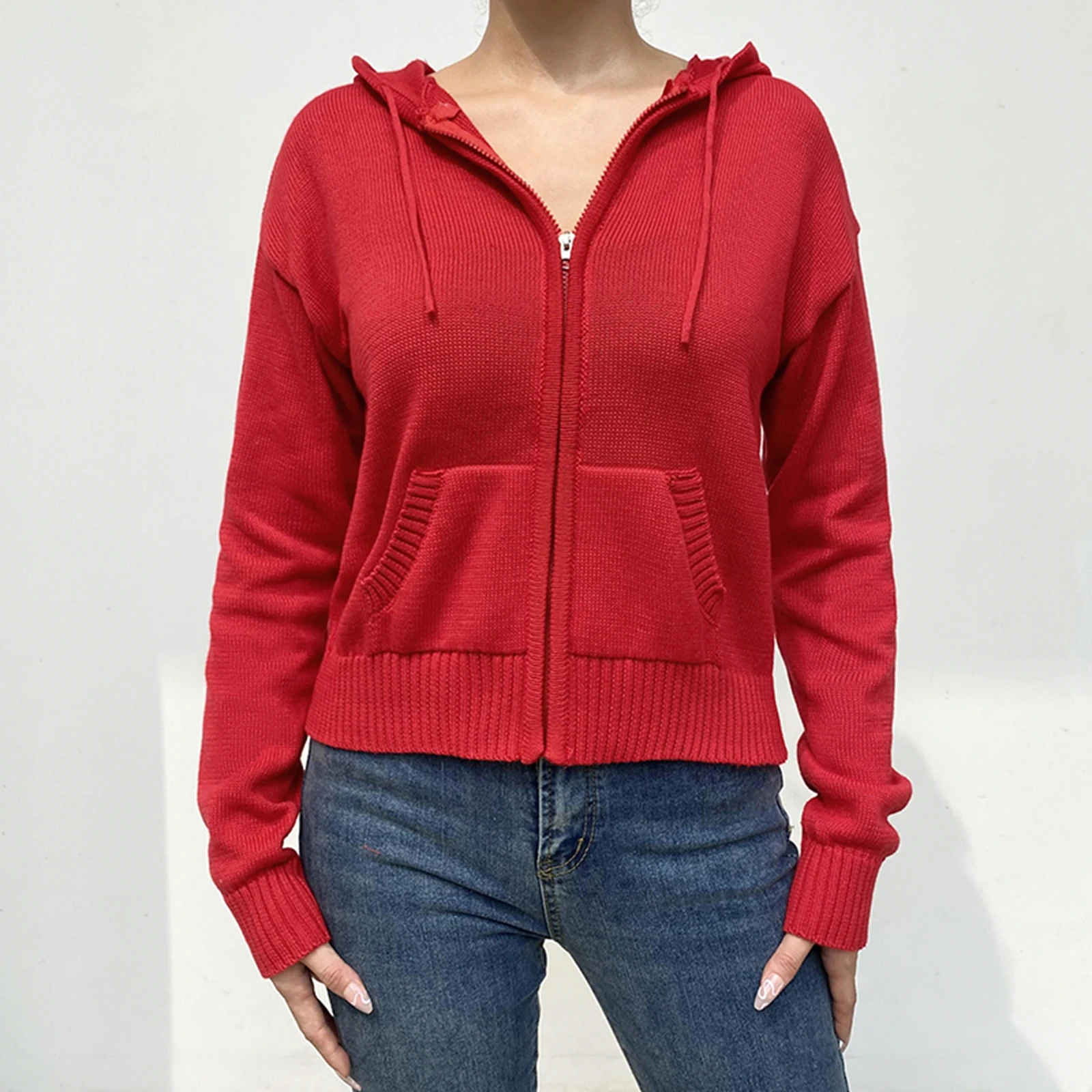 Women’s Full Zip Knit Hoodies Casual Sweaters Solid Color Long Sleeve Drawstring Sweatshirts Cardigan Zip-up Y2K Clothing