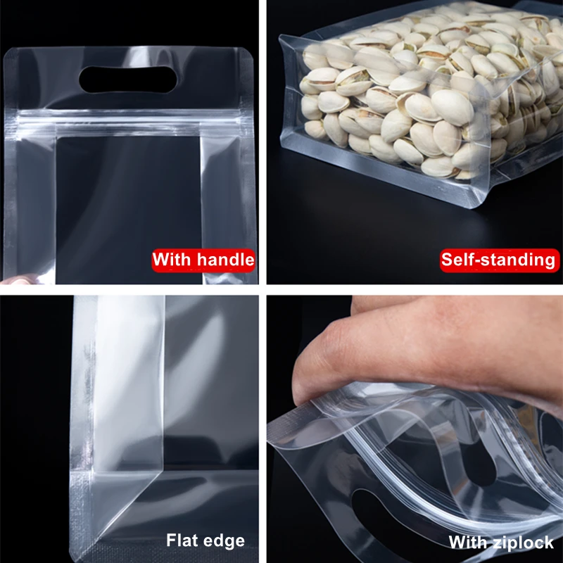 StoBag 50pcs Transparent Plastic Food Packaging Ziplock Bag Handle Portable Sealed Storage Candy Grains Tea Nut Dried Fruit Logo