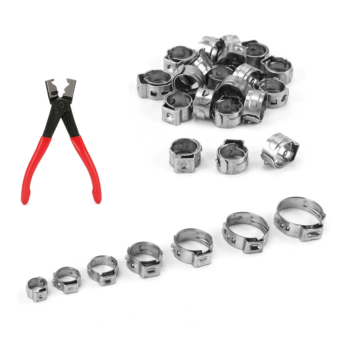 

130Pcs Single Ear Stepless Hose Clamp +1PC Hose Clip Clamp Pliers 7-21mm Hose Clamp Cinch Clamp Rings
