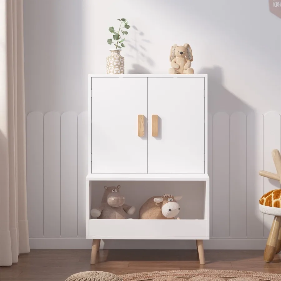 Armario de Almacenamiento de Juguetes con Puertas y Estante Abierto, Organizador Moderno para Niños Pequeños, para Sala de Juegos o Dormitorio, Blanco