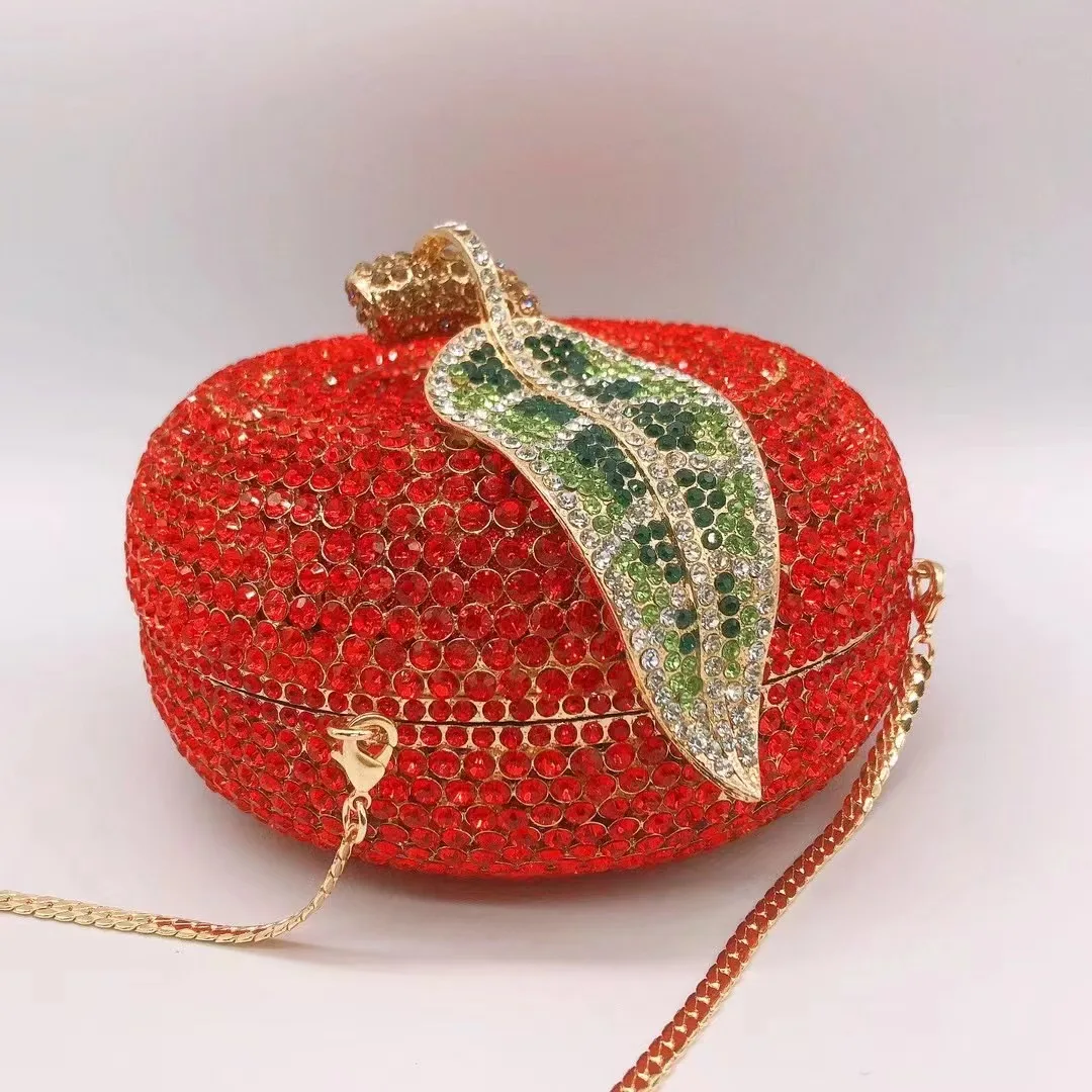 

Red Rhinestone Wedding Purse Green Leaves Crystal Evening Clutches Luxury Apple ShapeWomen Party Prom Handbags Lady Minaudiere