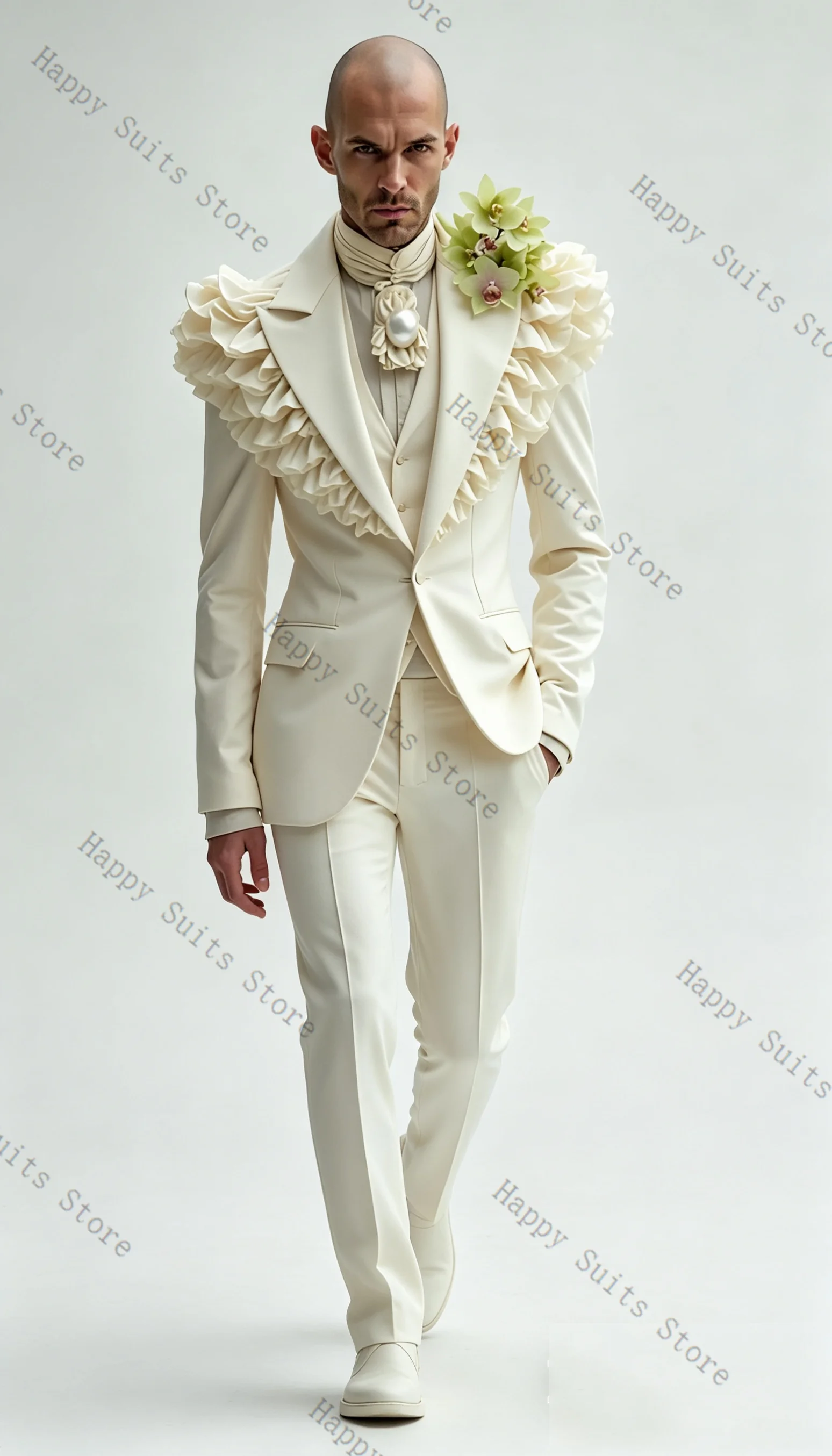 

White Men Suit Set 2 Pcs Blazer+Pants Trousers Cotton Ruffles Formal Office Coat Wedding Tuxedo Customized Jacket Outfit