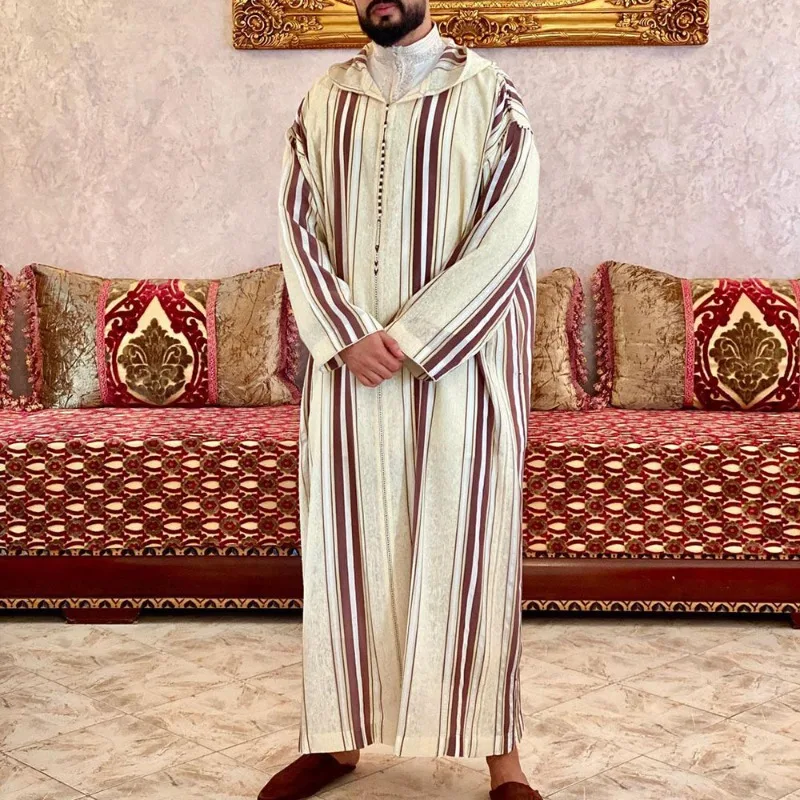 

Mens African Print Long Shirt Beige Loose Thobe Muslim Casual Wear for Beach & Daily Use