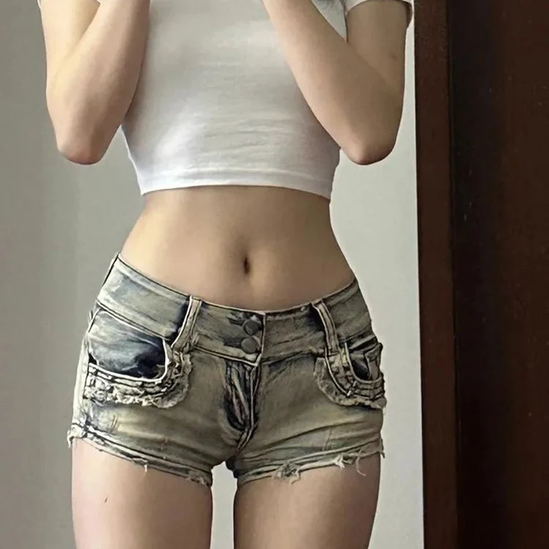 Gidyq Y2K Slim Fit Denim Shorts Women American High Street Hot Sweet Low Waist Shorts Summer Fashion Retro Hip Hugging Jeans