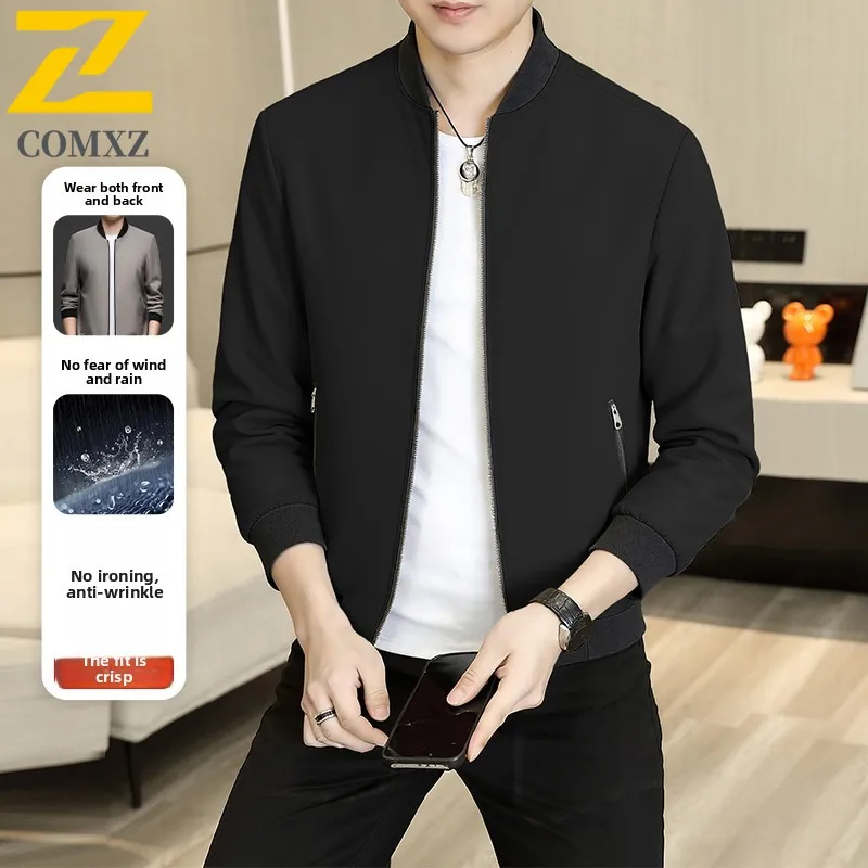 

Осенняя двусторонняя куртка 2025 года, повседневная универсальная модная куртка с воротником-стойкой, повседневное деловое универсальное простое однотонное пальто