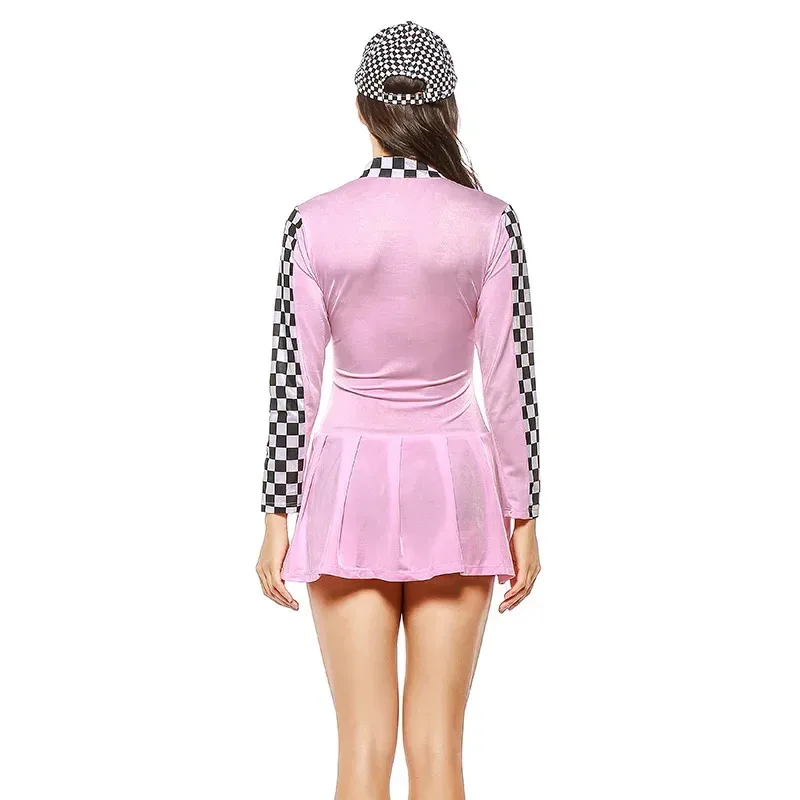 Sexy rojo rosa Miss Indy Super Racer chica disfraz adulto coche de carreras conductor animadora Cosplay rejilla Mini vestido lf [5