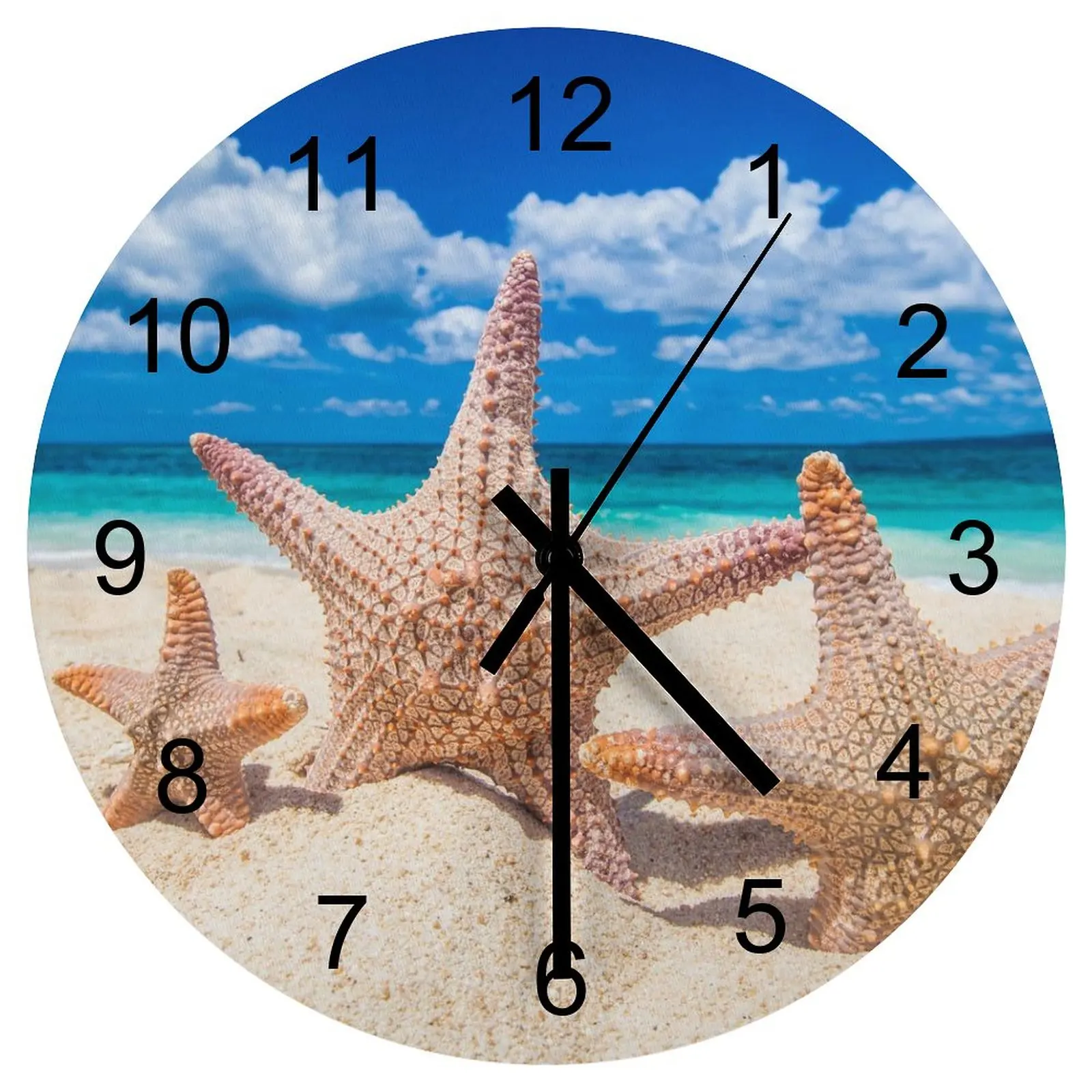 

Kitchen Wall Clock Beach Starfish Sea star Clocks 12 inch Mute Wood Round Durable Cordless Hanging Novelty