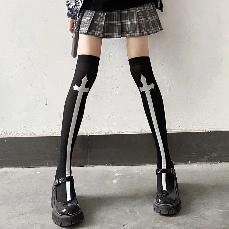 Bas croisés Punk Harajuku pour femmes, chaussettes hautes noires pour filles, bas gothiques foncés Y2K, bonneterie de fête de festival, chaussettes longues au genou Lolita