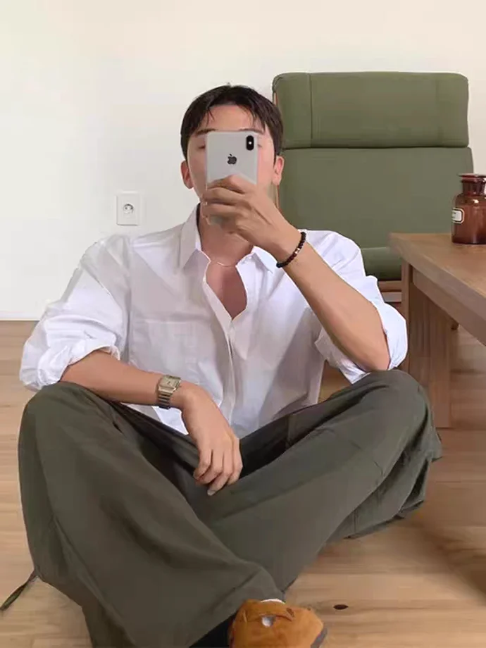 

Свободная длинная рубашка из ледяного шелка и шифона для мужчин, однотонная, повседневная, для работы, модная, дышащая, молодежный тренд