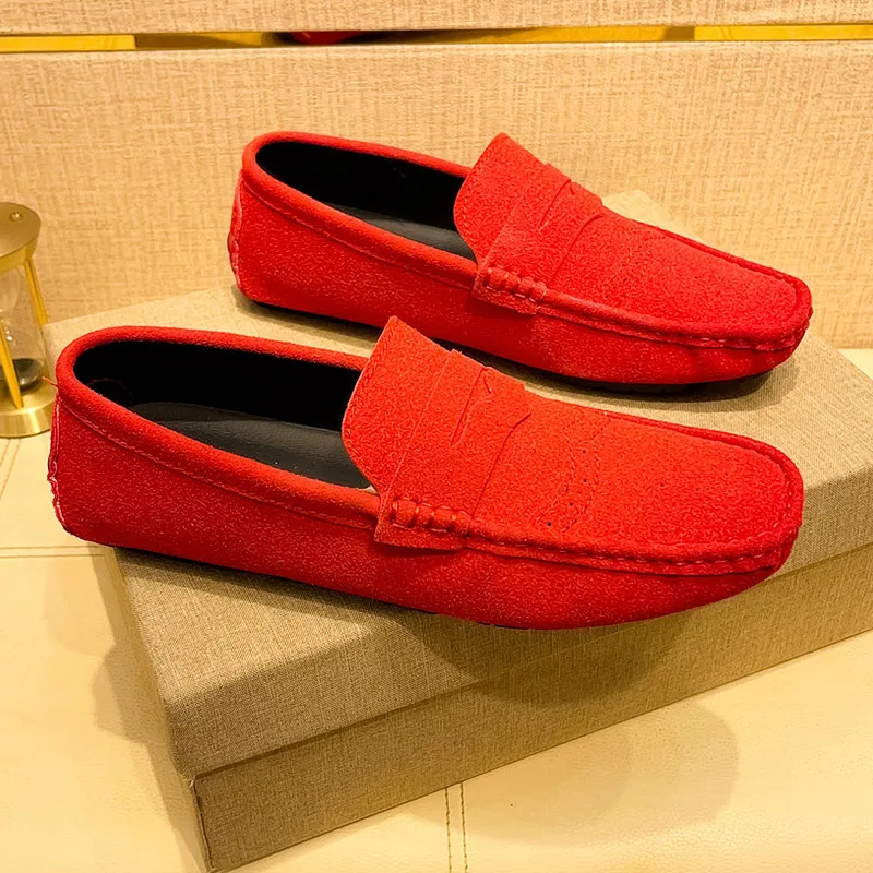 Red Suede Leather Men Formal Dress Loafer Shoes Fashionable Gentleman Casual Moccasins Over Size 38-48 Adult Lazy Shoes