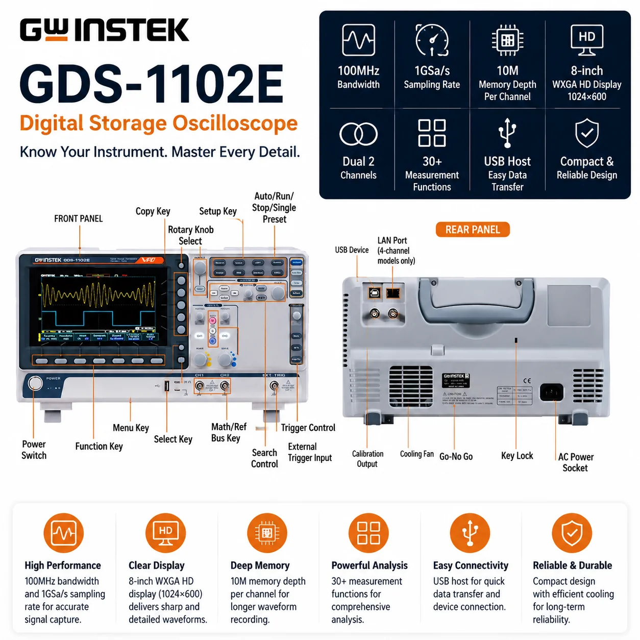 GW Instek GDS-1102B GDS-1104B Digital Storage Oscilloscope 100MHz 2/4 Channel USB Bench Test Scope