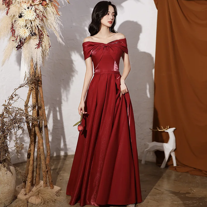 

Elegant Women's Bridesmaid Dress Satin Bow Off Shoulder Bandage Floor Length Evening Dresses French Style Bridal A-line Vestidos