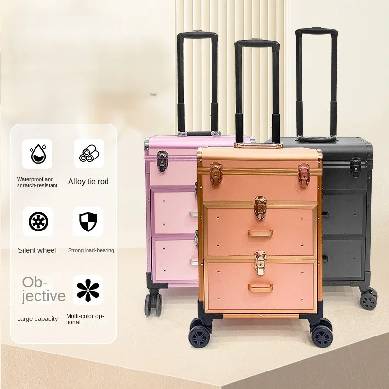 حقيبة مكياج للسفر بشعار شخصي، سعة كبيرة لمستحضرات التجميل من جلد البولي يوريثان، صندوق درج من سبائك الألومنيوم لجمال رموش الأظافر