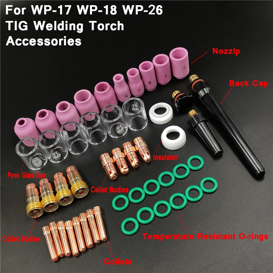 49Pcs TIG Welding Torch Durable Practical Accessories Stubby Gas Lens Tig #10 Glass Cup Collet Tips For WP17 WP18 WP26