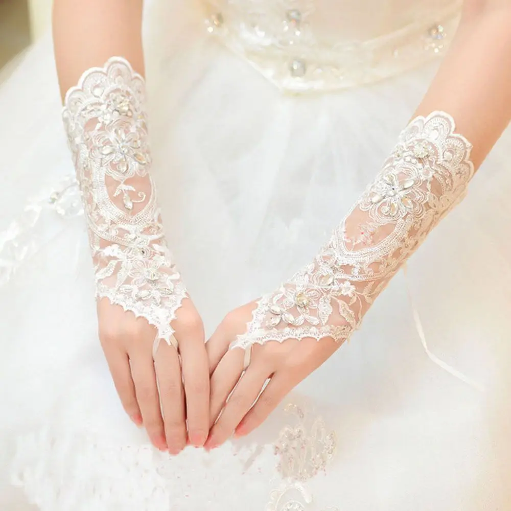 High Quality Dress Bride Wedding Lace Beads Rhinestone Short Gloves Fingerless Gloves