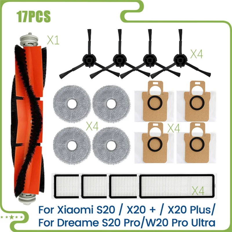 B06B-For Xiaomi S20 / X20 + / X20 Plus/Dreame S20 Pro/W20 Pro Ultra Main Side Brush Hepa Filter Mop Cloth Dust Bags