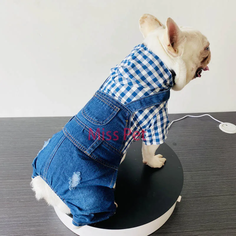 Dog Denim Jumpsuits Striped Plaid Puppy Cat Hoodie Overalls Yorkie French Bulldog Clothes Jean Jacket Pet Outfits for Small Dogs