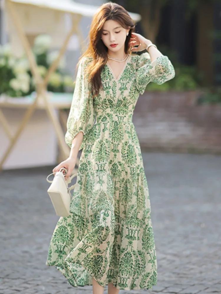 

Women's Vintage Floral Print V-Neck Dress Female One-Piece Clothes French Lady A-Line Elegant Chic Maxi Dresses New 2023