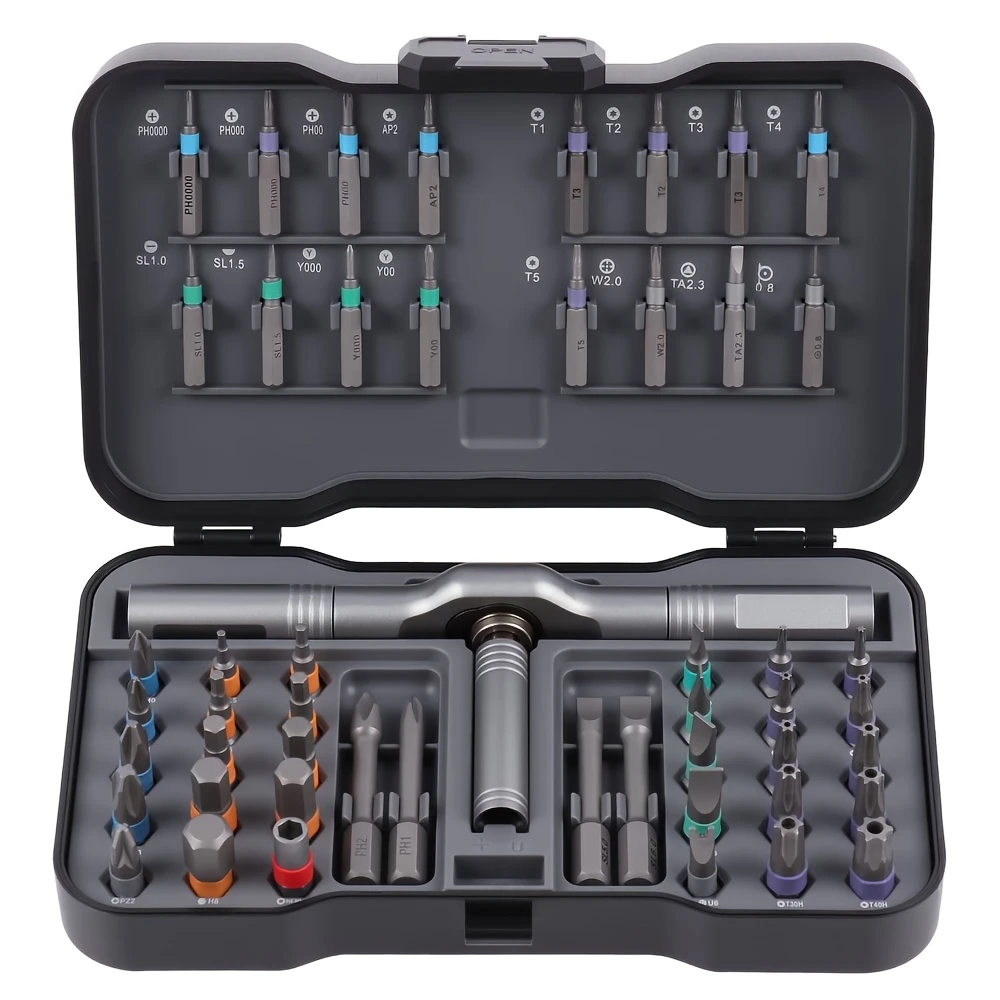 50-in-1 magnetic screwdriver set featuring a multifunctional magnetic ratcheting handle; a DIY ratcheting screwdriver kit and portable repair tool set suitable for repairing furniture, computers, bicycles, and more.