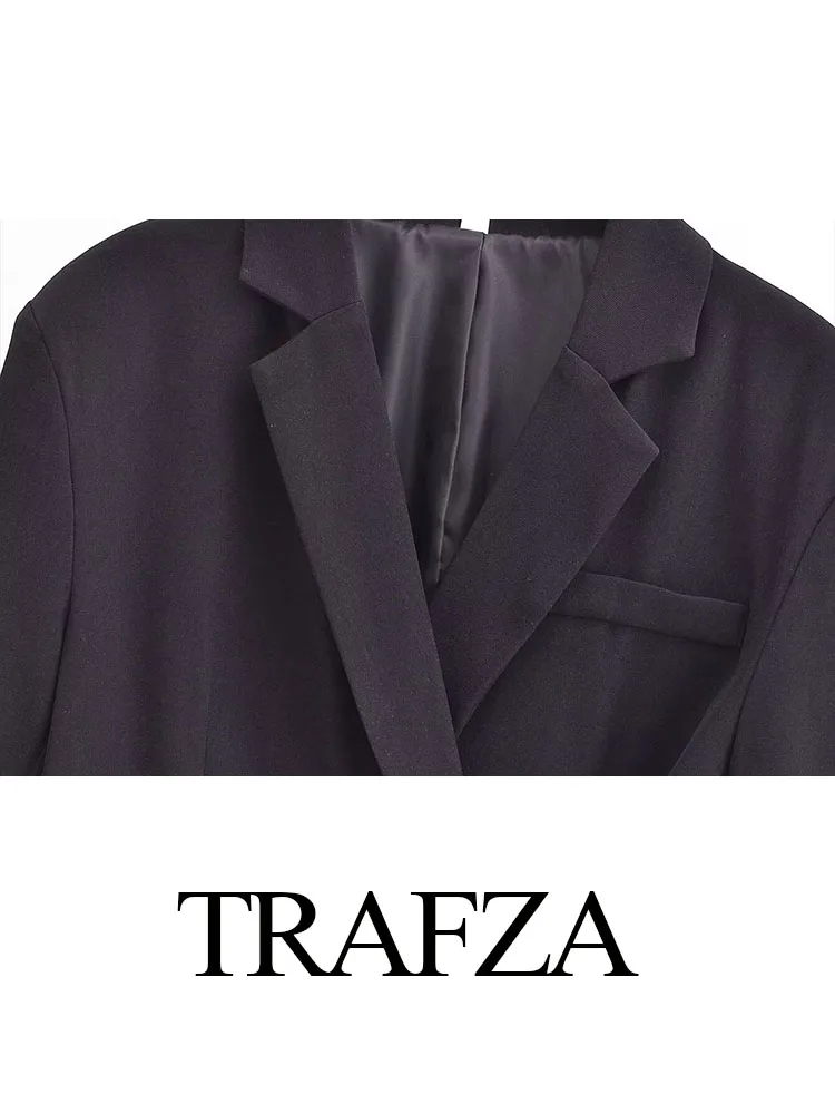 TRAFZA Women Asymmetric Design Single Button Slim Blazer Coat Woman Vintage New Fashion Long Sleeve Pocket Black Outerwear