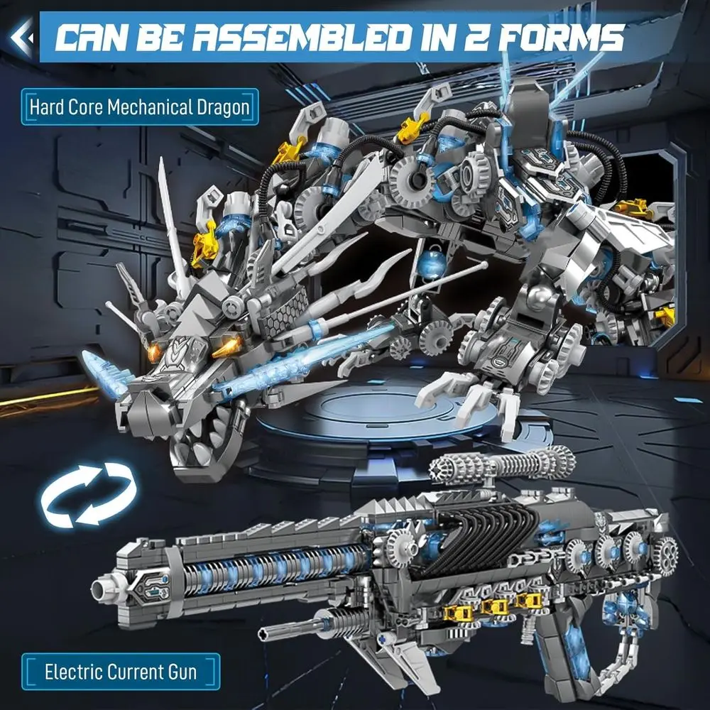 ชุดตัวต่อเครื่องกลมังกรสีเทาแบบสองรูปแบบ 1,390 ชิ้น เหมาะสำหรับการสะสมและจัดแสดงสำหรับวัยรุ่นและผู้ใหญ่